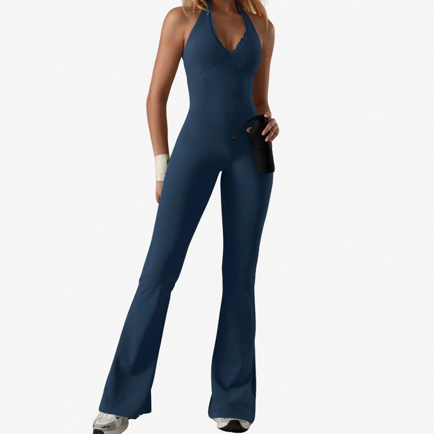 Halter Lace Bodysuit Women Yoga Set Tracksuits Fitness Sports Jumpsuit One-piece Suit Flared Pant Dry Workout Clothes XP11