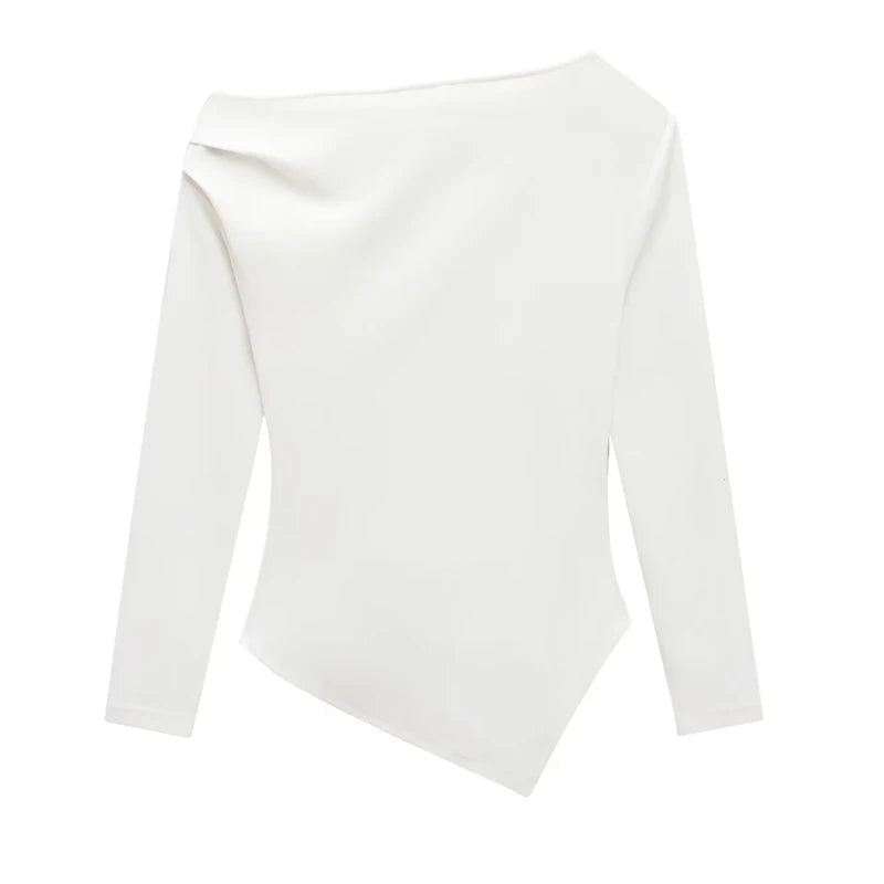 HXAO Womens Tops Off Shoulder Cropped Asymmetrical Top Spring 2025 Woman Ruffled Plain T-Shirts Long Sleeve Top Women's Blouses