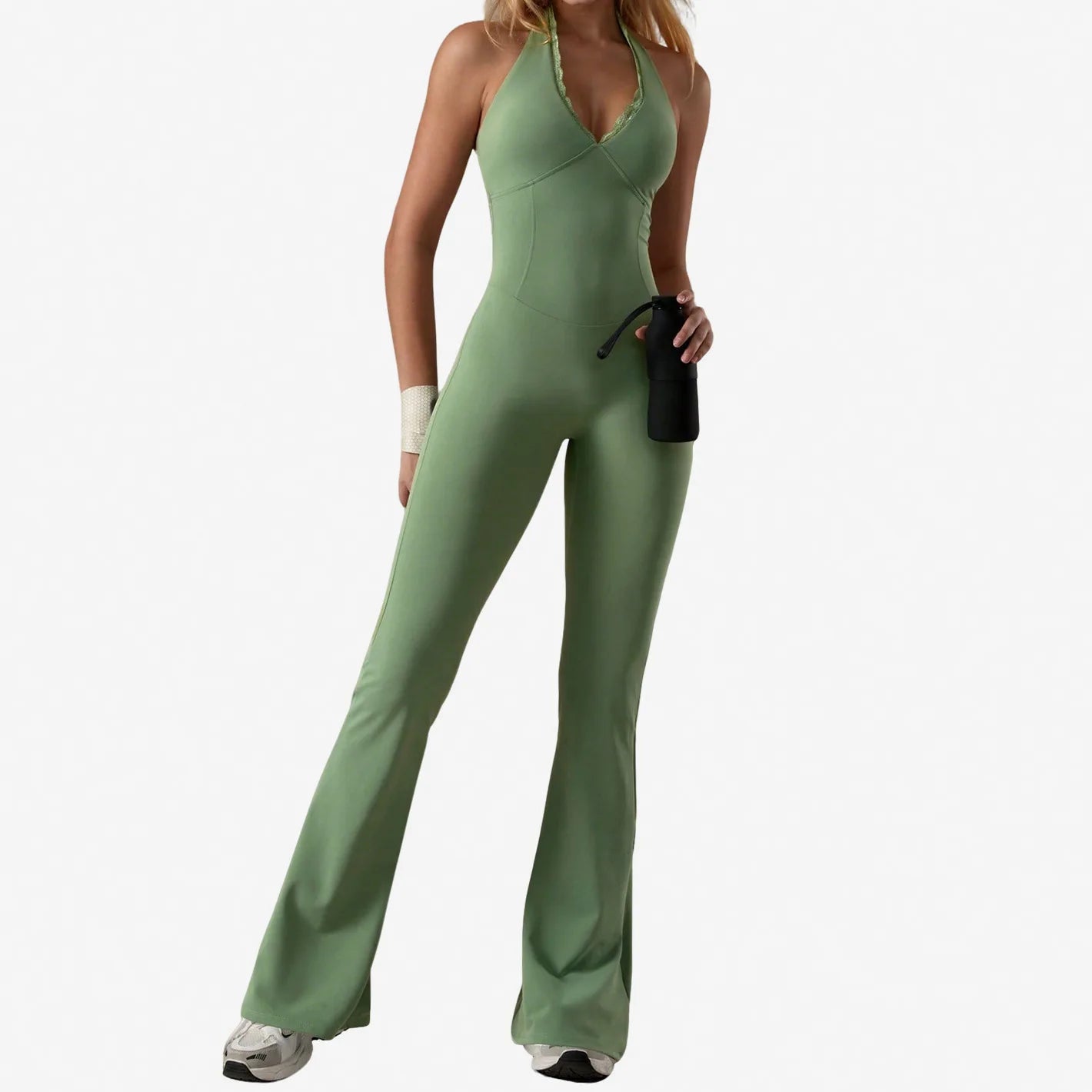 Halter Lace Bodysuit Women Yoga Set Tracksuits Fitness Sports Jumpsuit One-piece Suit Flared Pant Dry Workout Clothes XP11