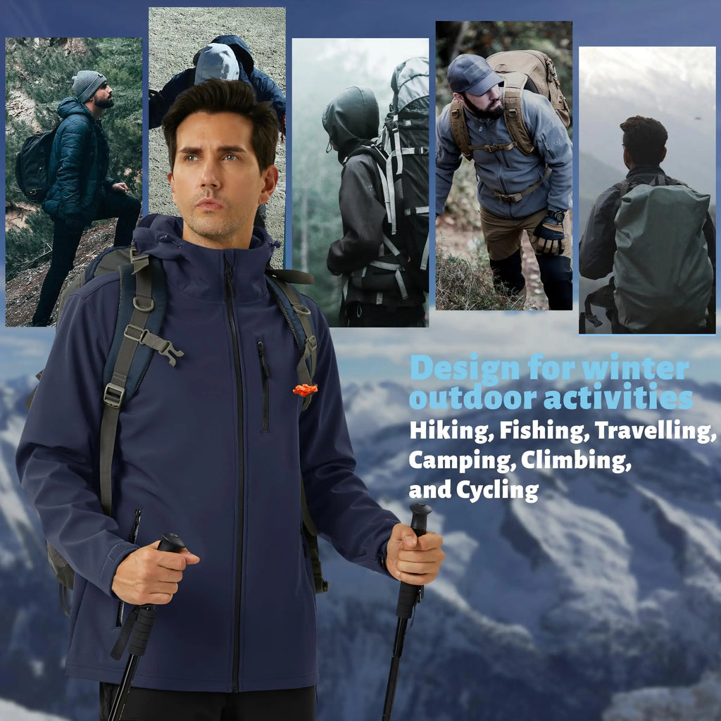TACVASEN Hooded Softshell Jacket Mens Waterproof Rain Jacket Fleece Lined Work Jacket Outdoor Trekking Hiking Windbreaker Male
