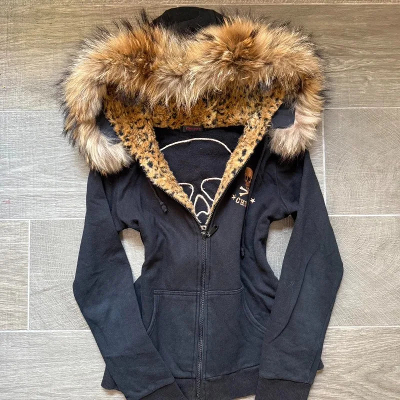 Y2K Harajuku New Fashion Skull Embroidery Plus Velvet Padded Casual Joker Vintage Popular Hip Hop Couples Fur Collar Coat Tops