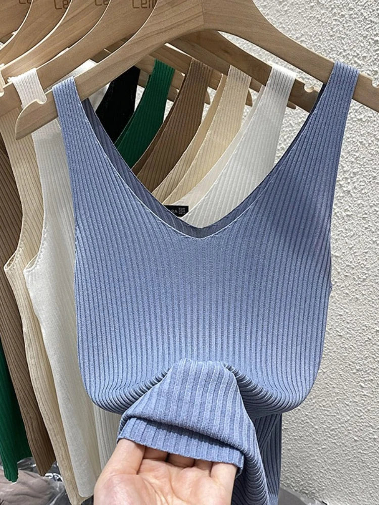 Zjaiss 2026 Summer Fashion Women Camisole Ice Silk Knit Tank Top Slim Fit Sleeveless Base Top Solid Color V-Neck Crop Top