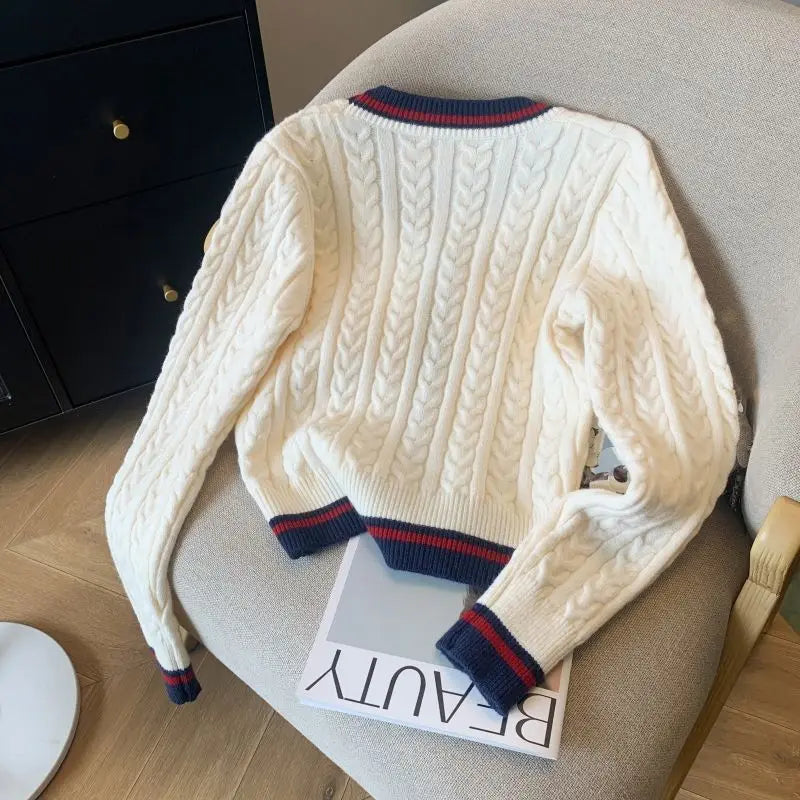 2025 Autumn Winter Preppy Style V-Neck Knitting Long Sleeve Cardigan Women Casual Appliques Single Breasted Female Loose Sweater