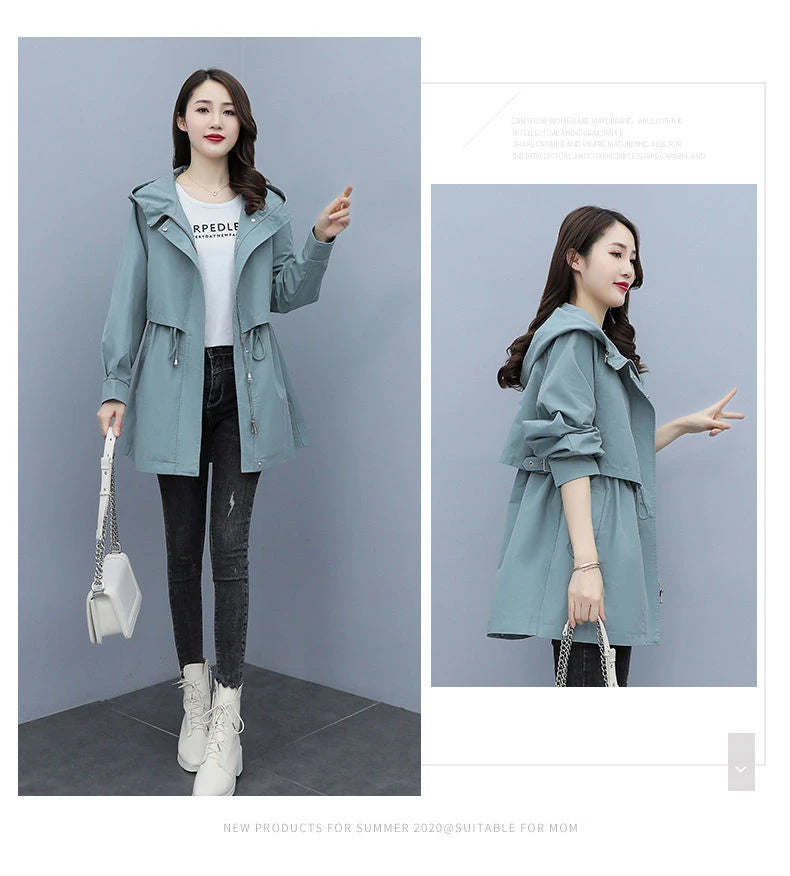 Spring and Autumn 2023 Women's Mid-length Trench Coat Hooded Zipper Tie-in Jackets British Style Loose Coats Women's Clothing