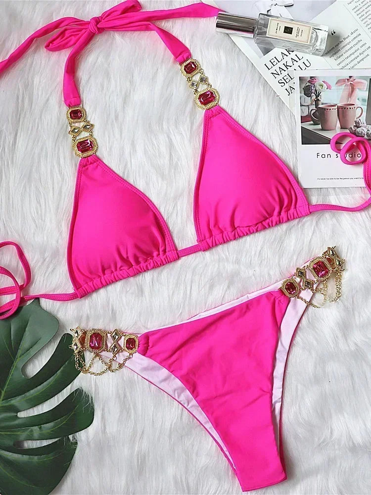 2025 Rhinestone Swimsuit Women Bikinis Crystal Diamond Bikini Set Metal Chain Swimwear female Luxury Aristocratic Swimming Suit