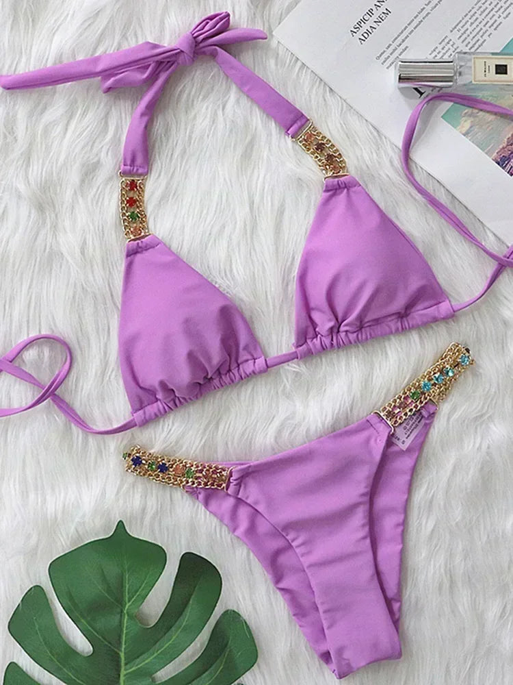 2025 Rhinestone Swimsuit Women Bikinis Crystal Diamond Bikini Set Metal Chain Swimwear female Luxury Aristocratic Swimming Suit