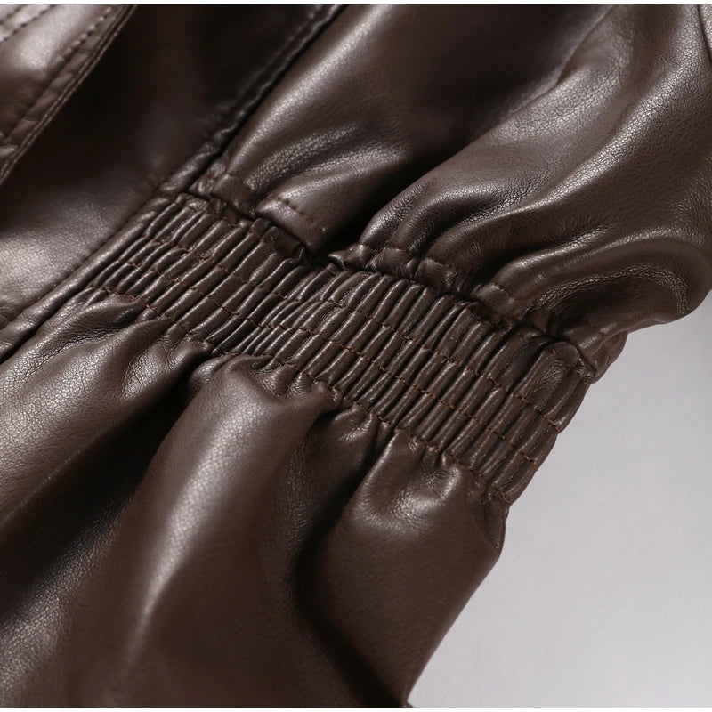 Fashion Brown Slim Waist Leather Jacket Women Loose Lapel Long Sleeve One Button Zipper Jackets 2026 Spring Street Lady Outwear