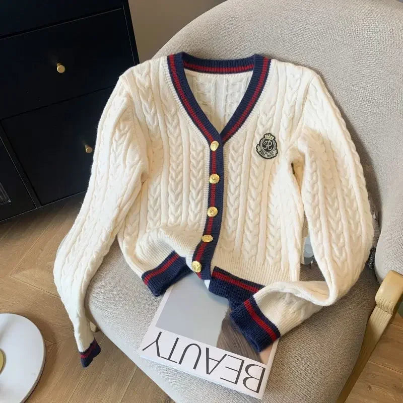 2025 Autumn Winter Preppy Style V-Neck Knitting Long Sleeve Cardigan Women Casual Appliques Single Breasted Female Loose Sweater