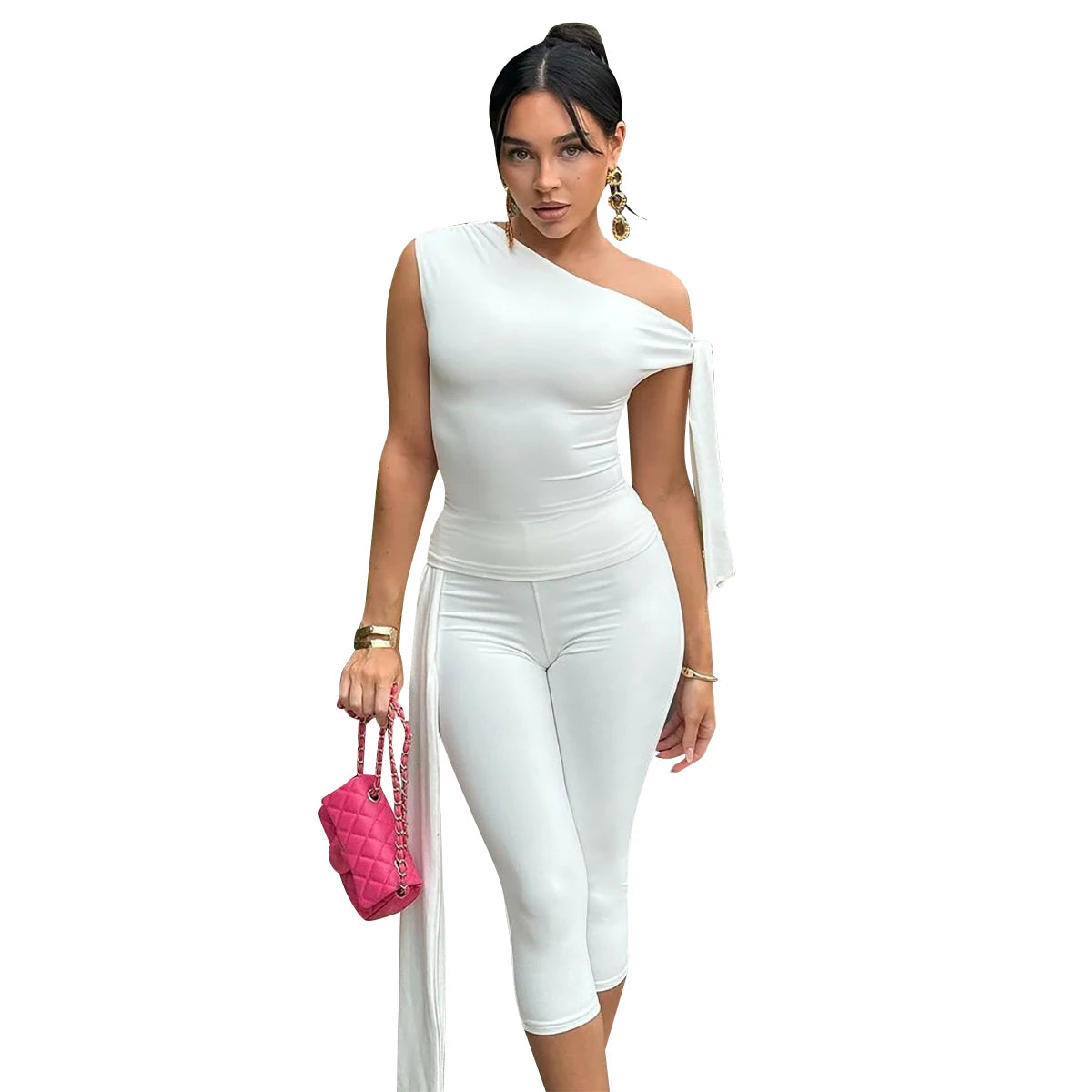 Hugcitar Fashion 2 Pcs Sets Solid One Shoulder Sleeveless Draped Sexy Top Knee Length Pants Women Y2K Outfits Festival Party