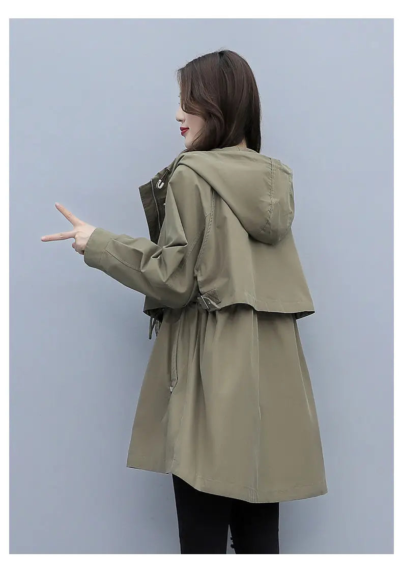 Spring and Autumn 2023 Women's Mid-length Trench Coat Hooded Zipper Tie-in Jackets British Style Loose Coats Women's Clothing