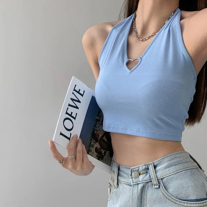 Women V Neck Hearted Hollow Out Halter Camis Tank Tops  Summer Fashion Slim Cropped Lace Up Camisole