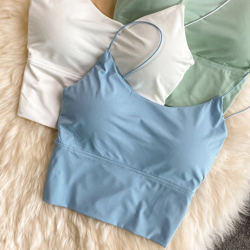 Sexy solid color crop tops sports spaghetti strap tanke top women built in bra off shoulder sleeveless omighty camisole hot