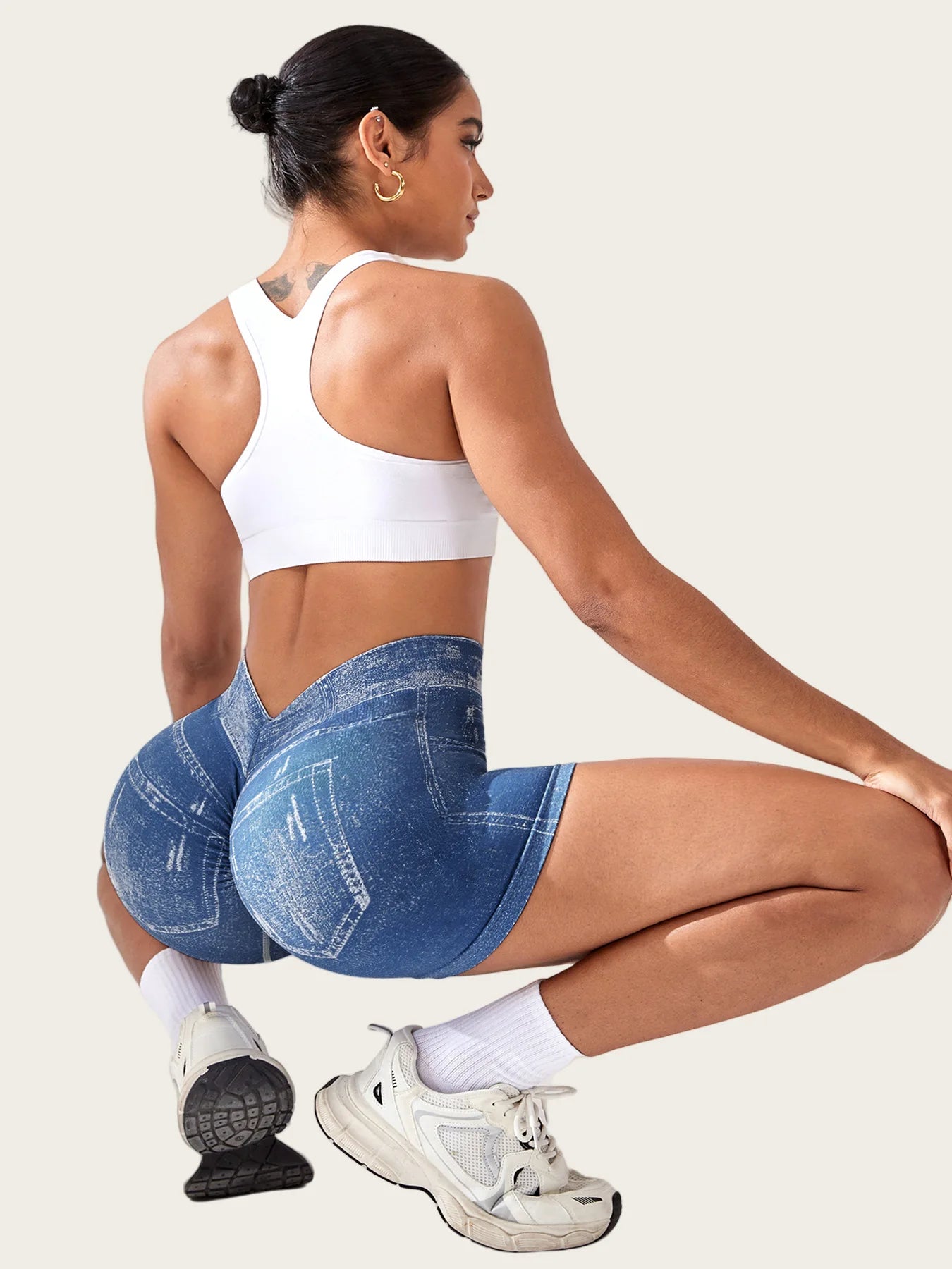 Hot Sexy Imitation Denim Seamless Yoga Shorts for Women Running Sports Leggings Female Ruched Skinny Gym Fitness Short Pants