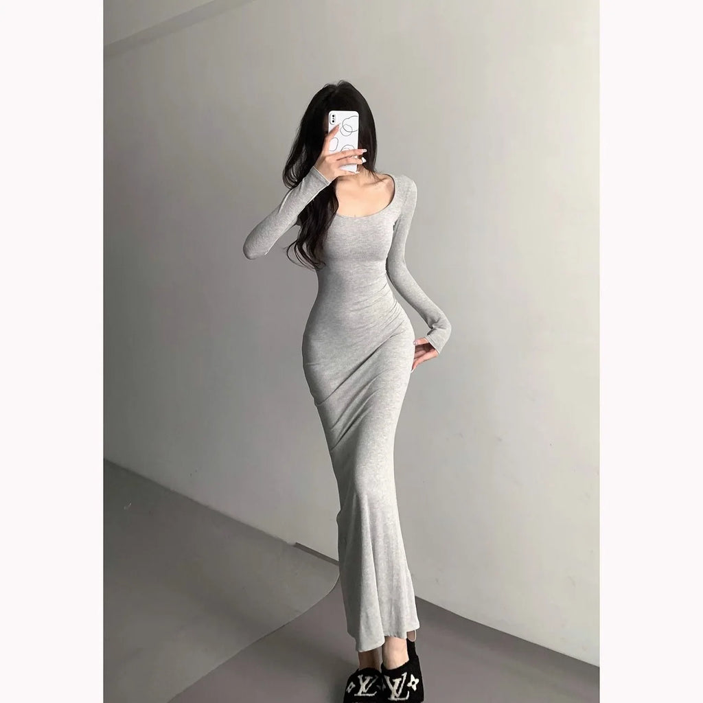 Slimming Square Neck Long Sleeve Fish Tail Gown Women's Early Spring New Style Elegance Knee-Length Bodycon Dress
