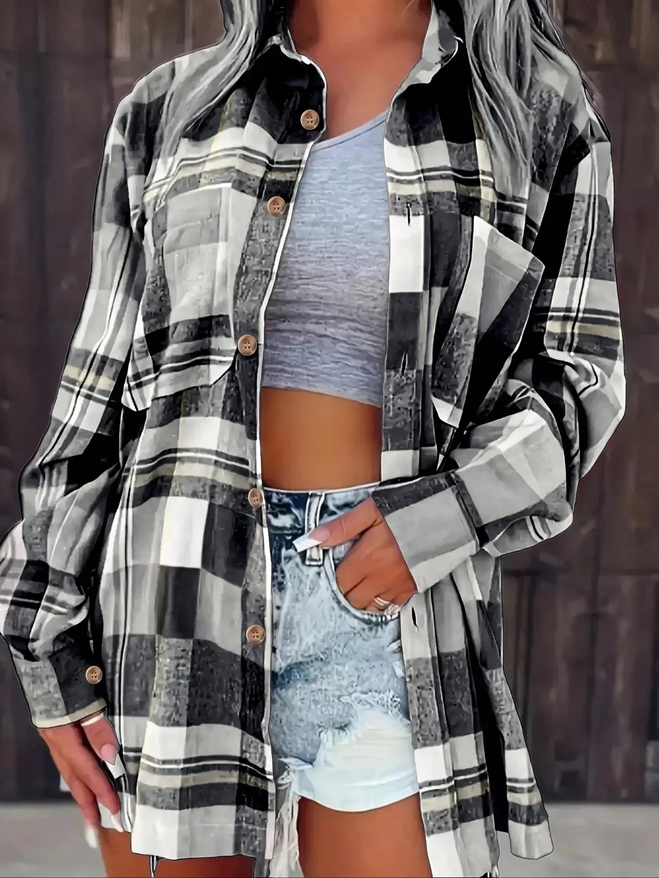 Women Plus Size Fashion Plaid Printed Shirt Casual Loose Long Sleeved Shirt  Lapel Design Shirt Tops