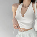 Women V Neck Hearted Hollow Out Halter Camis Tank Tops  Summer Fashion Slim Cropped Lace Up Camisole