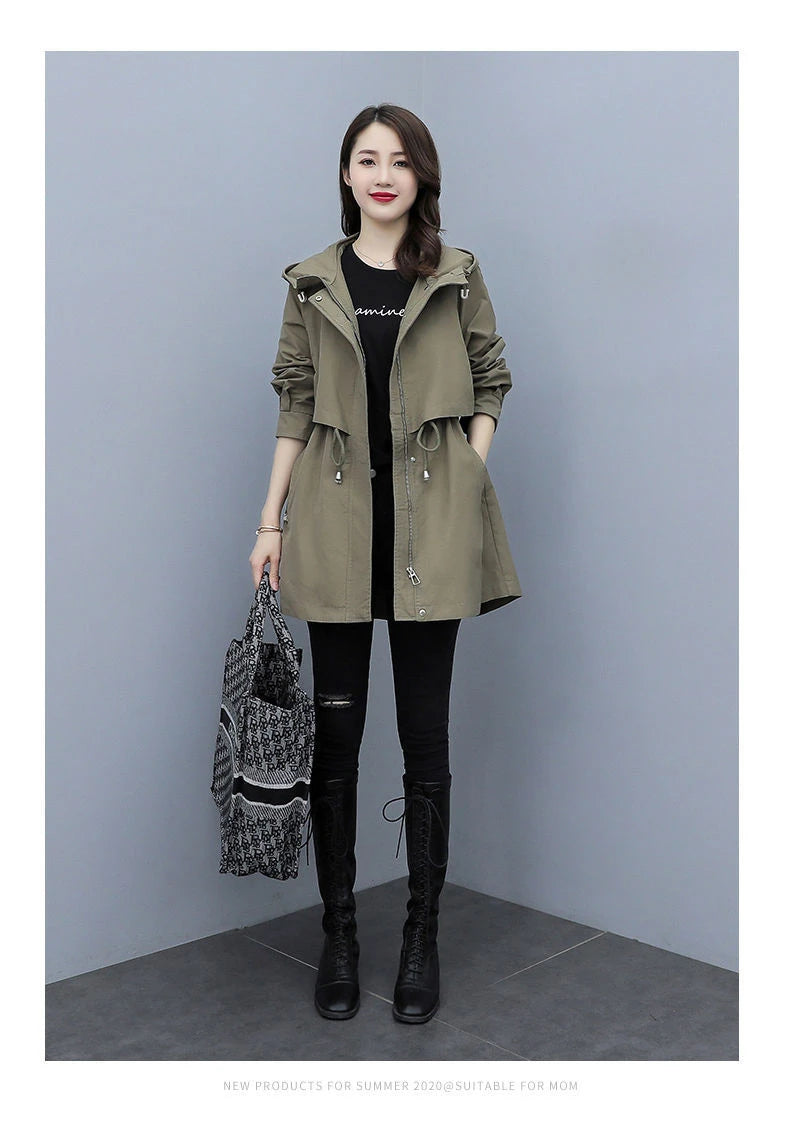 Spring and Autumn 2023 Women's Mid-length Trench Coat Hooded Zipper Tie-in Jackets British Style Loose Coats Women's Clothing