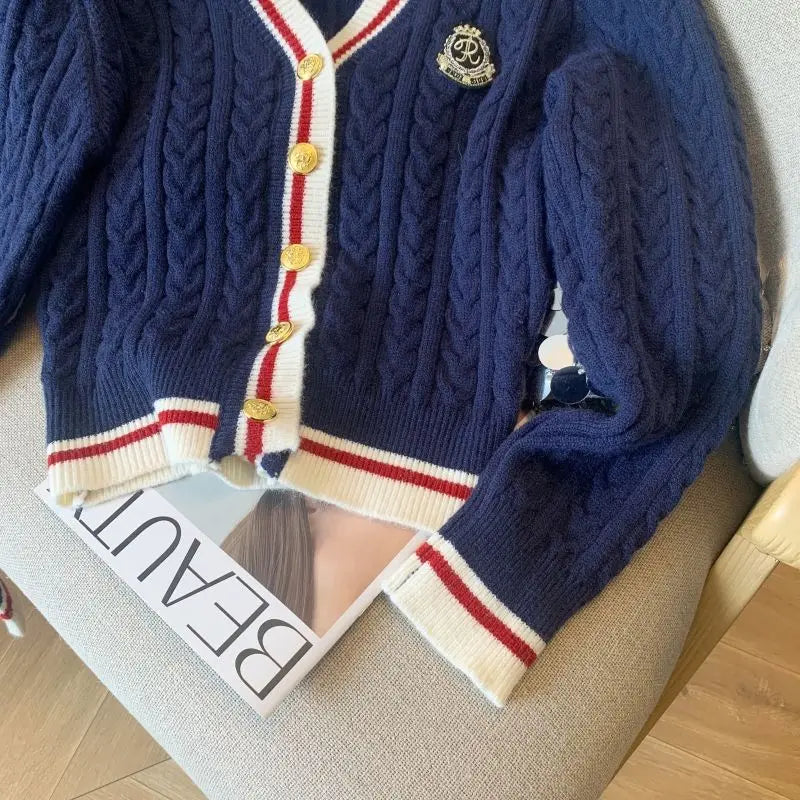 2025 Autumn Winter Preppy Style V-Neck Knitting Long Sleeve Cardigan Women Casual Appliques Single Breasted Female Loose Sweater