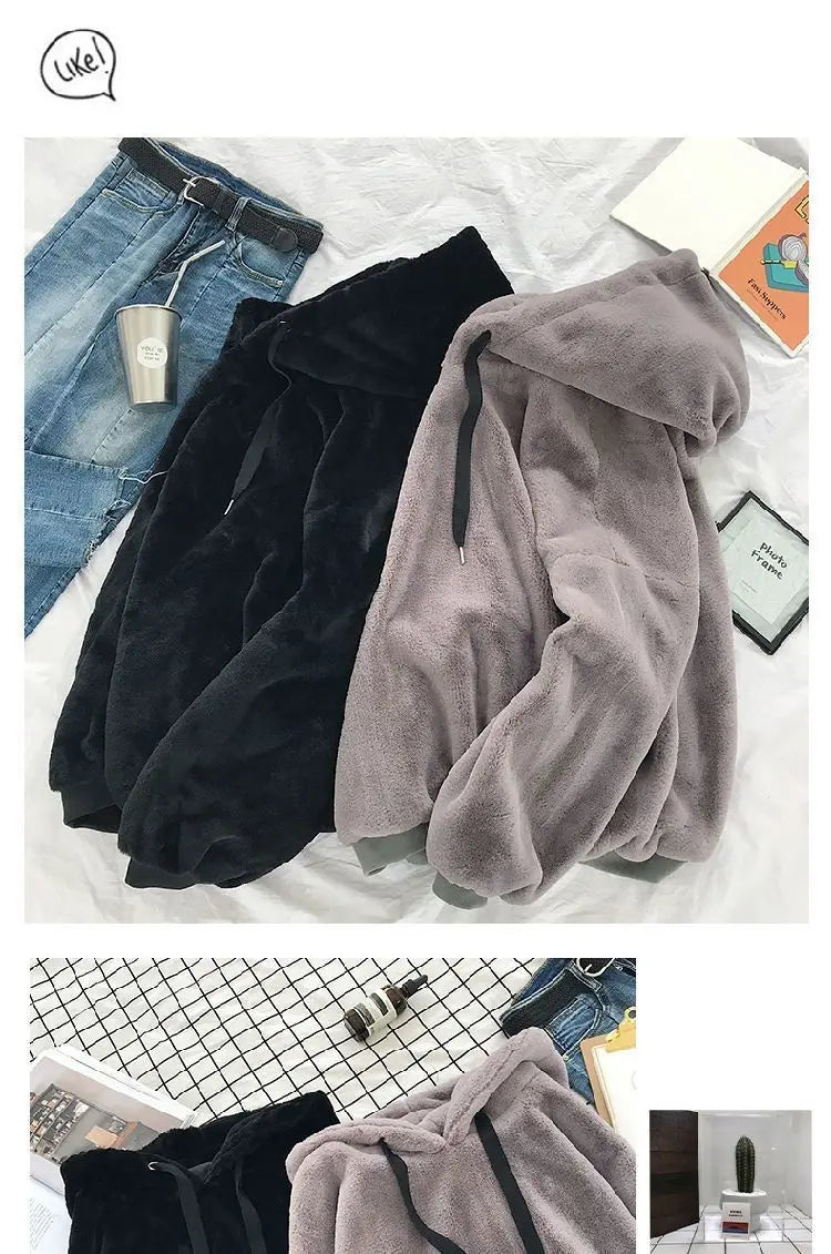 Plus Velvet Hoodies Women Hooded Thicker Furry Cozy Korean Fashion Couples Simple Winter Warm Coats Loose Outwear Slouchy Ins