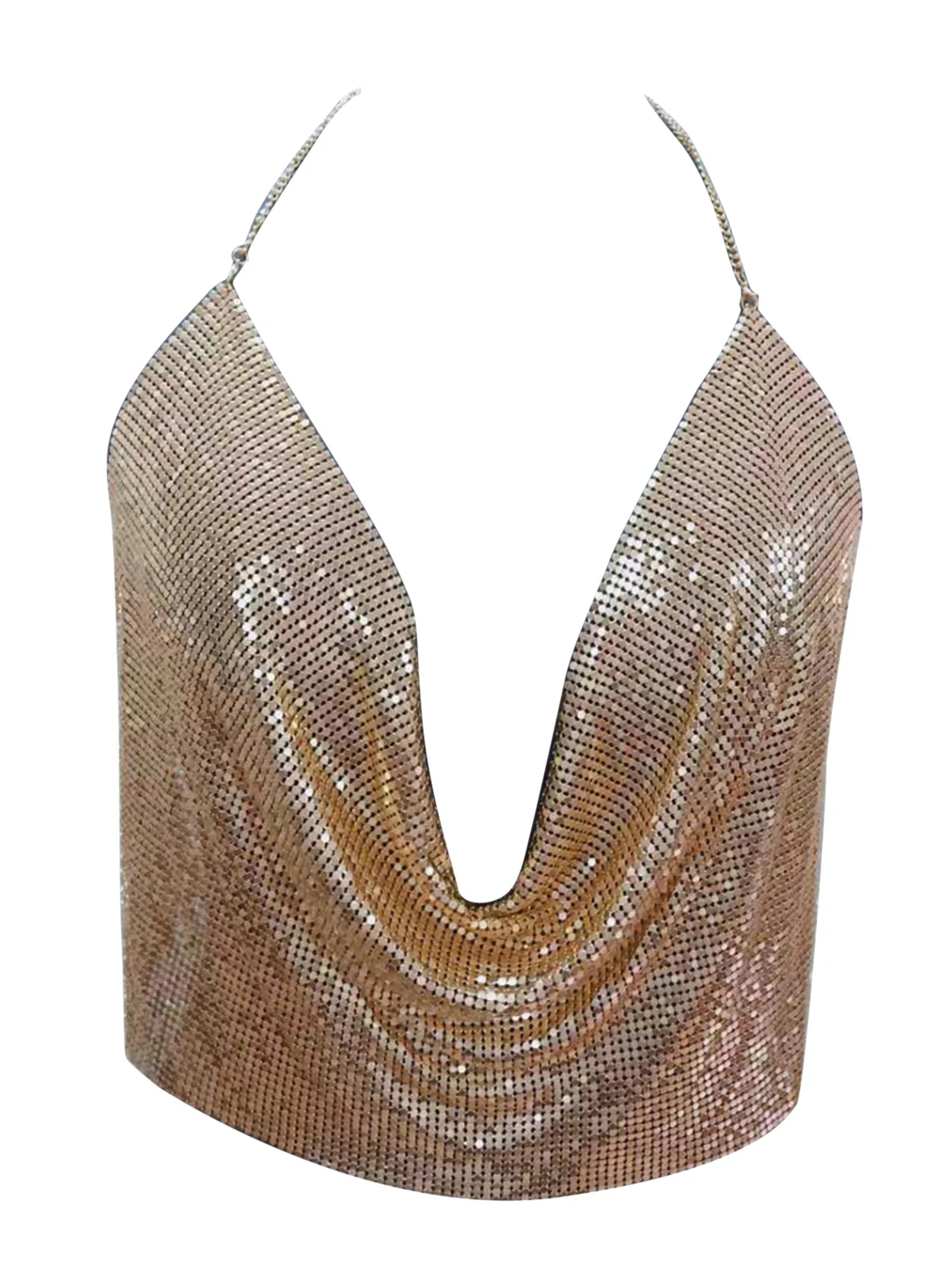 Sexy Halter Tank Tops Shining Metal Sequins Backless Low-Cut Tank Camisole For Women