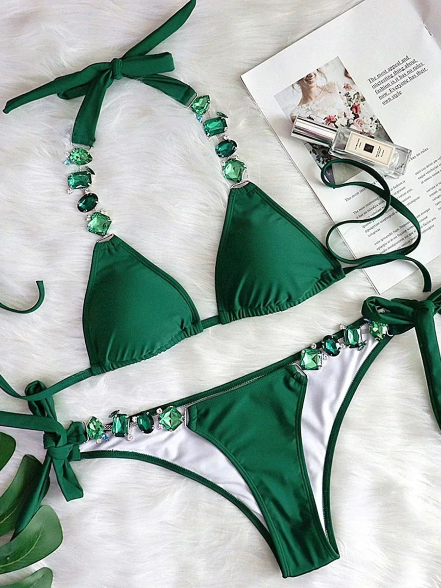 2025 Rhinestone Swimsuit Women Bikinis Crystal Diamond Bikini Set Metal Chain Swimwear female Luxury Aristocratic Swimming Suit