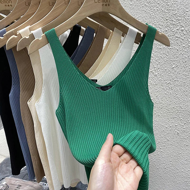 Zjaiss 2026 Summer Fashion Women Camisole Ice Silk Knit Tank Top Slim Fit Sleeveless Base Top Solid Color V-Neck Crop Top