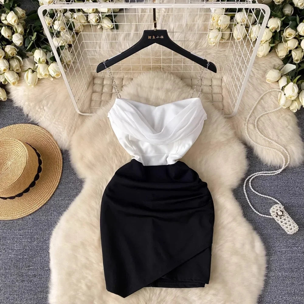 Sexy  Swinging collar Slip Dress pleated sweet Chic Vintage Evening Party Club Women Chic Slim Pencil dresses