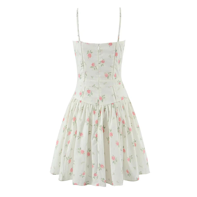 YENKYE Sexy Spaghetti Straps Floral Print Mini Dresses Women Low Waist A-line Summer Vacation Party Robe
