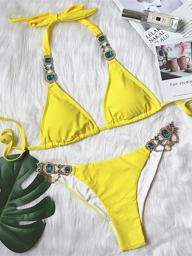 2025 Rhinestone Swimsuit Women Bikinis Crystal Diamond Bikini Set Metal Chain Swimwear female Luxury Aristocratic Swimming Suit