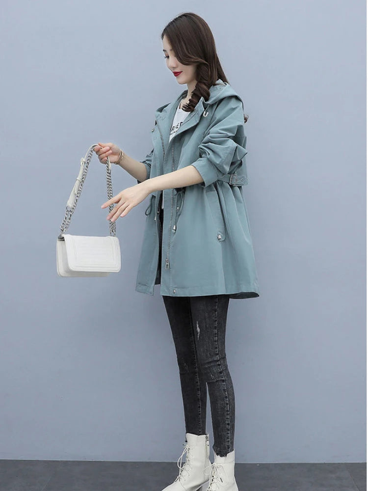 Spring and Autumn 2023 Women's Mid-length Trench Coat Hooded Zipper Tie-in Jackets British Style Loose Coats Women's Clothing