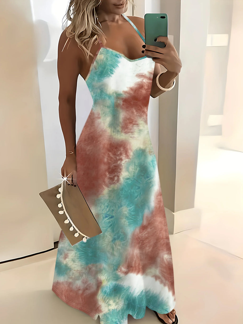 Tie Dye Maxi Dress for Women Long Sleeve Crew Neck Lightweight Polyester Summer Vacation Dress Casual Beachwear Boho Festival