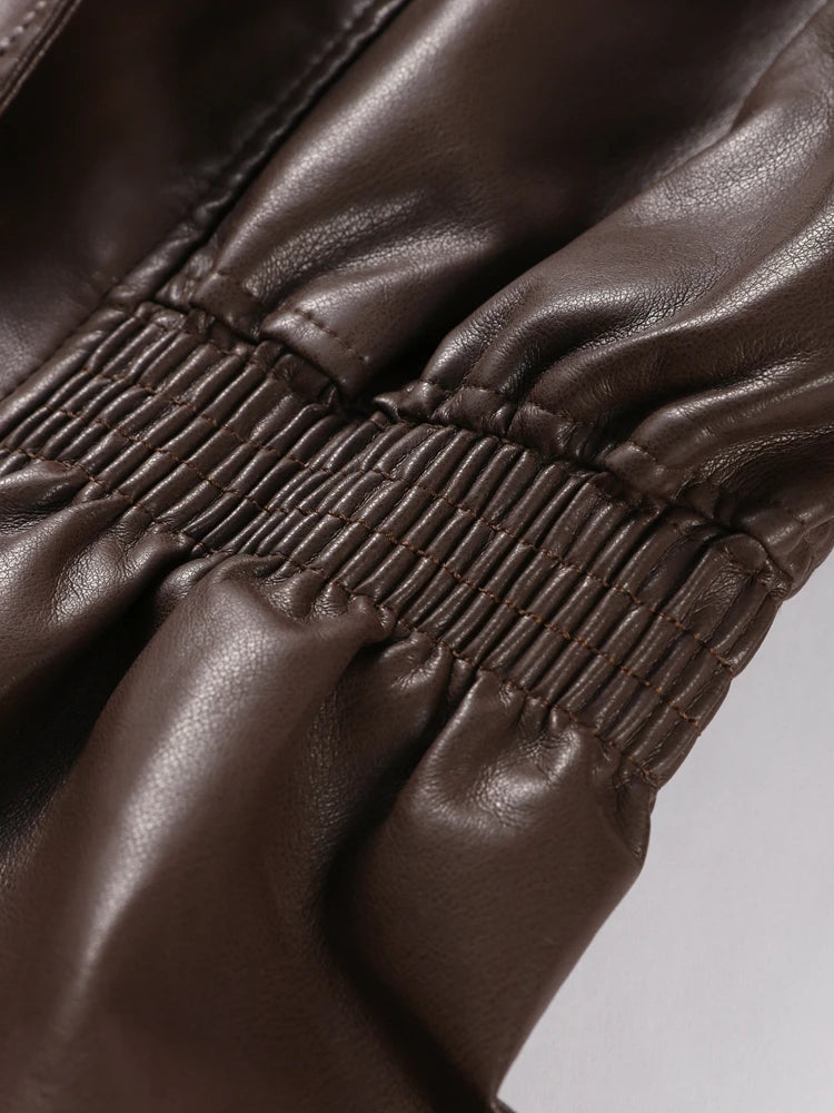 Fashion Brown Slim Waist Leather Jacket Women Loose Lapel Long Sleeve One Button Zipper Jackets 2026 Spring Street Lady Outwear
