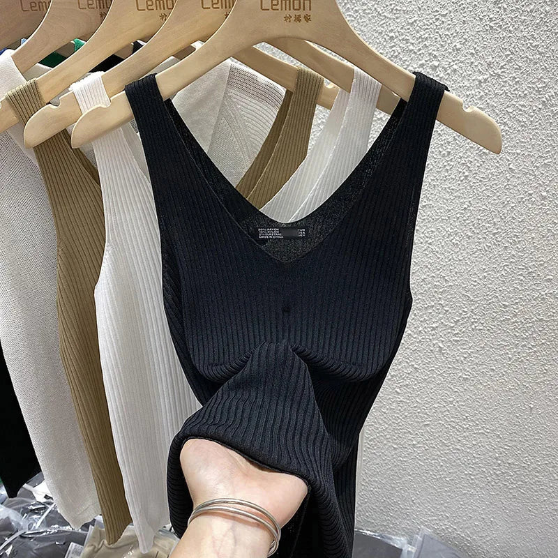 Zjaiss 2026 Summer Fashion Women Camisole Ice Silk Knit Tank Top Slim Fit Sleeveless Base Top Solid Color V-Neck Crop Top