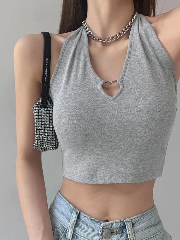 Women V Neck Hearted Hollow Out Halter Camis Tank Tops  Summer Fashion Slim Cropped Lace Up Camisole