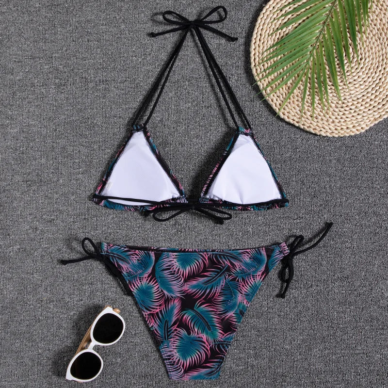 Leaves Print Swimsuit for Women,low Waist Drawstring Bikini,2-piece Swimwear,V-neck Susupender Backless Bathing Suit,beachwear