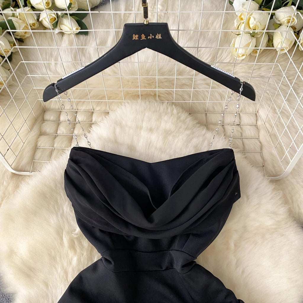Sexy  Swinging collar Slip Dress pleated sweet Chic Vintage Evening Party Club Women Chic Slim Pencil dresses