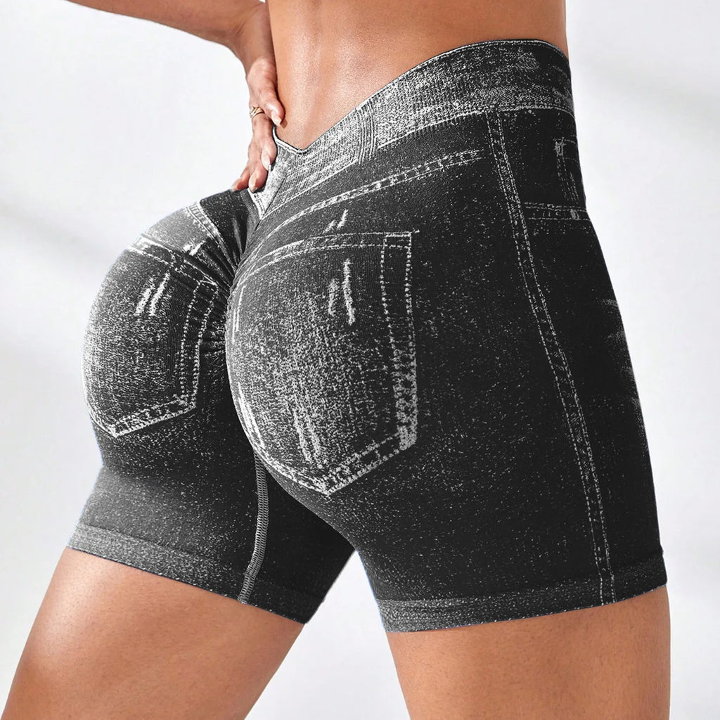 Hot Sexy Imitation Denim Seamless Yoga Shorts for Women Running Sports Leggings Female Ruched Skinny Gym Fitness Short Pants