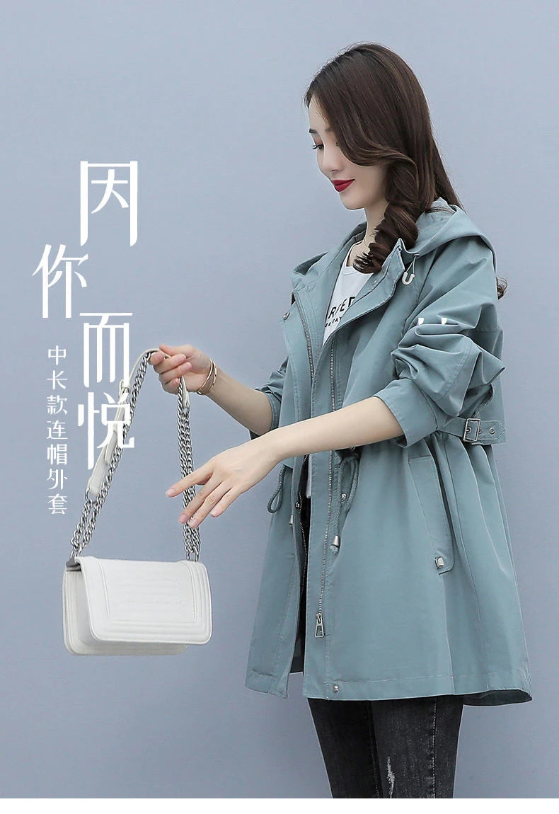 Spring and Autumn 2023 Women's Mid-length Trench Coat Hooded Zipper Tie-in Jackets British Style Loose Coats Women's Clothing
