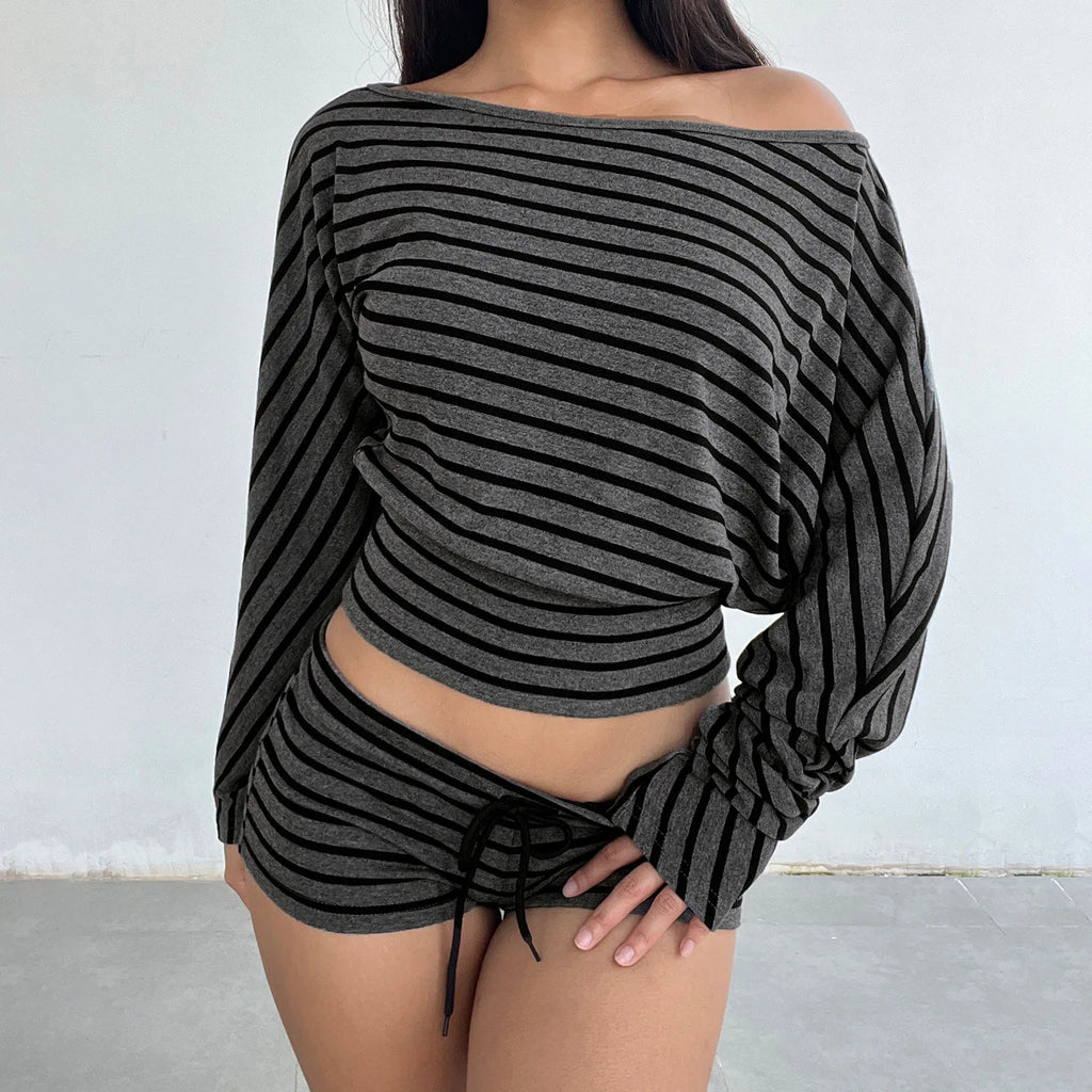 Korean Tees Striped Women Tshirts Long Sleeve Loose Camisetas 2025 Ropa Mujer Sexy Y2k Tops Off Shoulder Fashion Summer T-shirt