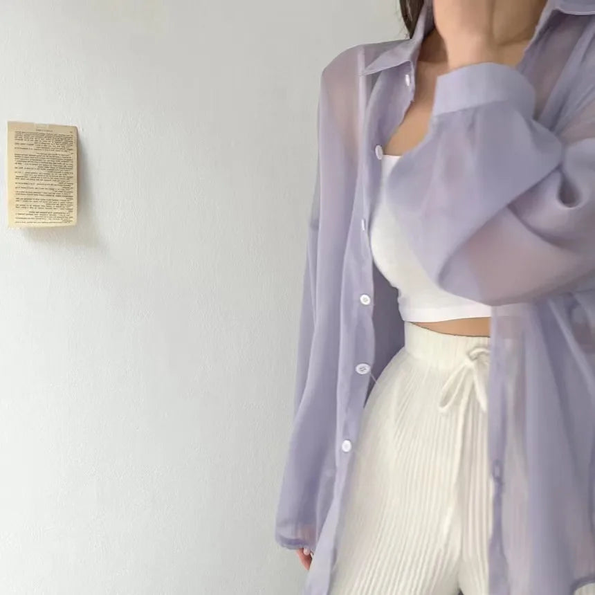 2025 Colors Shirts Women Sheer Thin Chic Summer Simple Solid Sun-proof Temper Fashion Baggy All-match Basic Korean Style Clothes