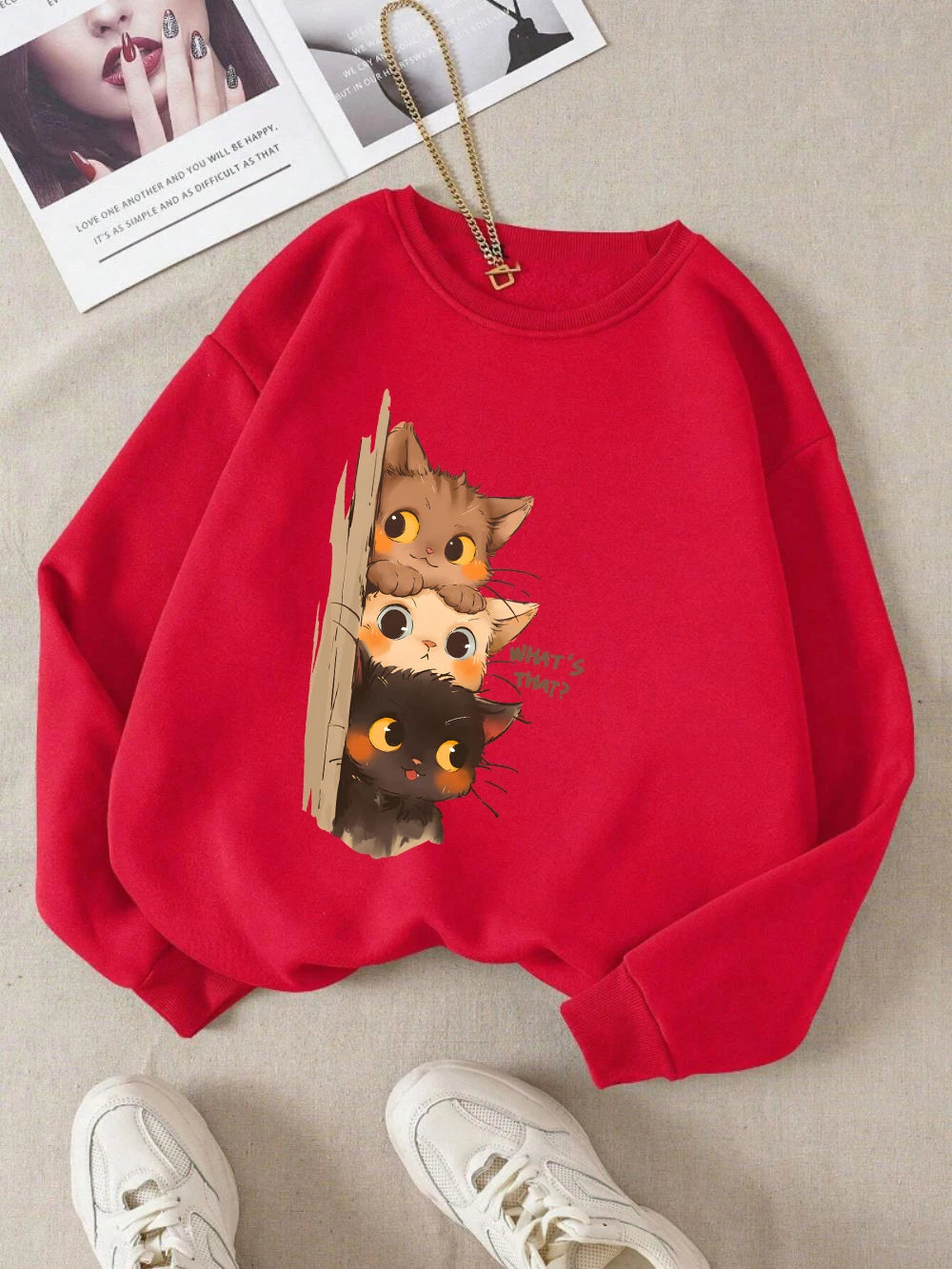 Three Little Cats Are Secretly Watching You Print Hoodie Women Street Loose Sweatshirt Basics Sporty Pullover Winter Clothes