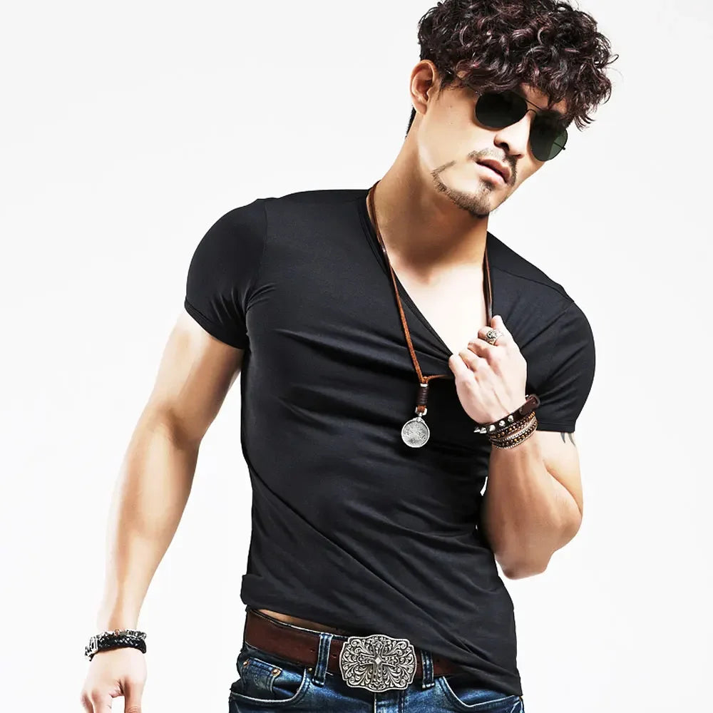 2026 Brand New Men T Shirt Tops V neck Short Sleeve Tees Men's Fashion Fitness Hot T-shirt For Male Man T-shirt Size 5XL