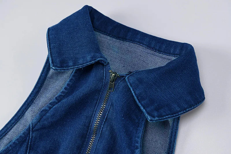 Hugcitar Denim Jumpsuit V Neck Zipper Bell Sleeveless Sexy Outifts Elegant Backpacker  Party Summer 2023