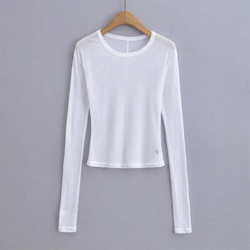 Autumn basic casual round neck long sleeved T-shirt top, high elasticity semi transparent slim knit fabric top