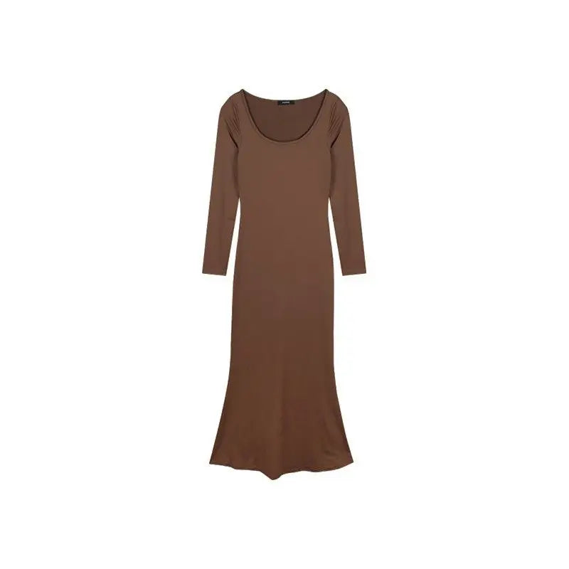 Slimming Square Neck Long Sleeve Fish Tail Gown Women's Early Spring New Style Elegance Knee-Length Bodycon Dress
