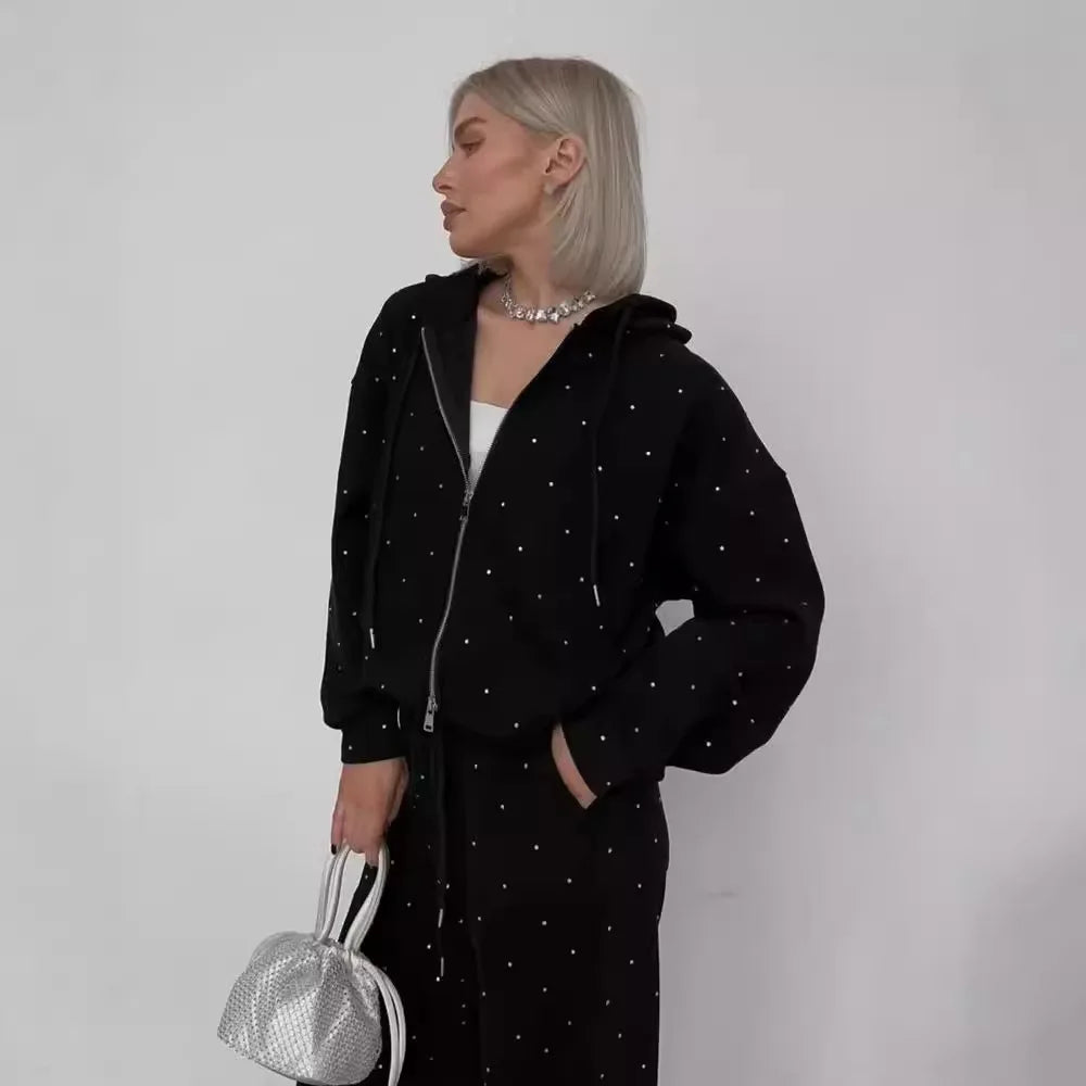 Two Pieces Pant Sets Women Matching Sets Hot Fix Rhinestone Zipper Hooded Coat Drawstring Waist Pants Loose Casual 2026 Winter