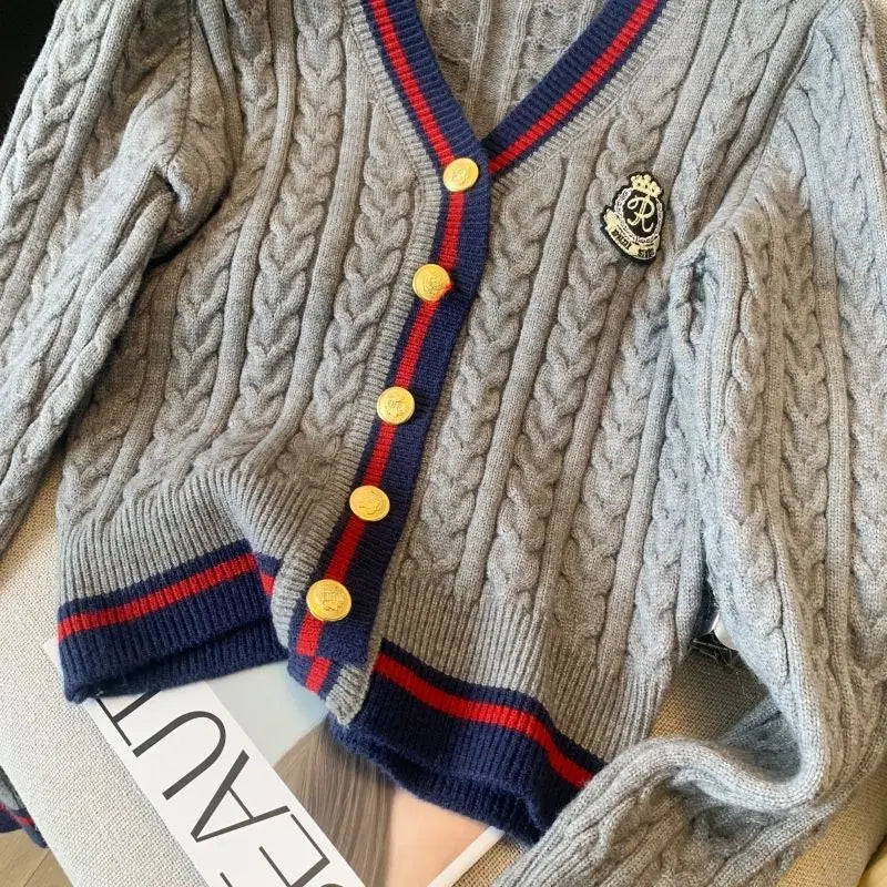 2025 Autumn Winter Preppy Style V-Neck Knitting Long Sleeve Cardigan Women Casual Appliques Single Breasted Female Loose Sweater