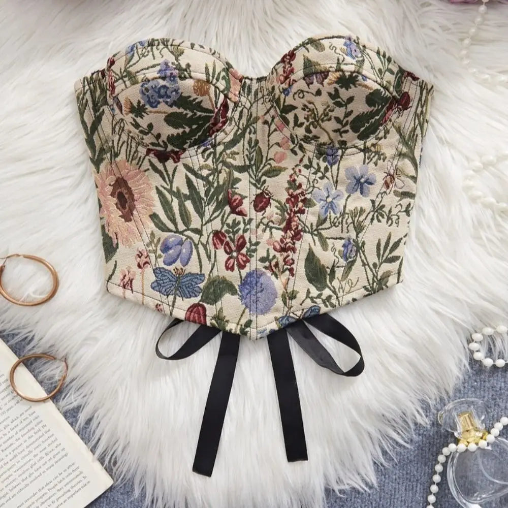 Boned Floral Underwired Corset Off-shoulder Abdominal Shaping Women's Shapewear Multi-Color Jacquard Strapless Corset Top