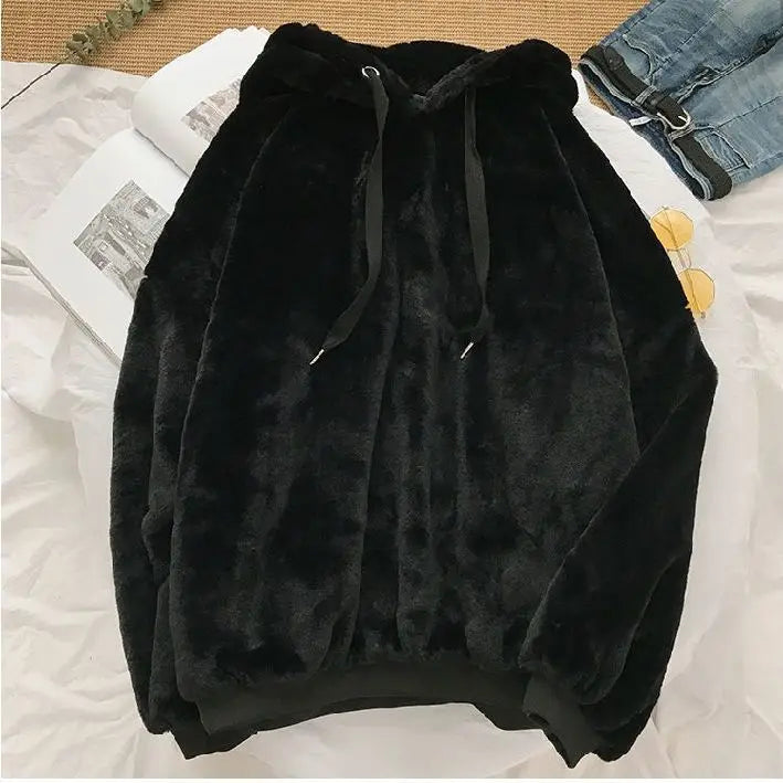 Plus Velvet Hoodies Women Hooded Thicker Furry Cozy Korean Fashion Couples Simple Winter Warm Coats Loose Outwear Slouchy Ins