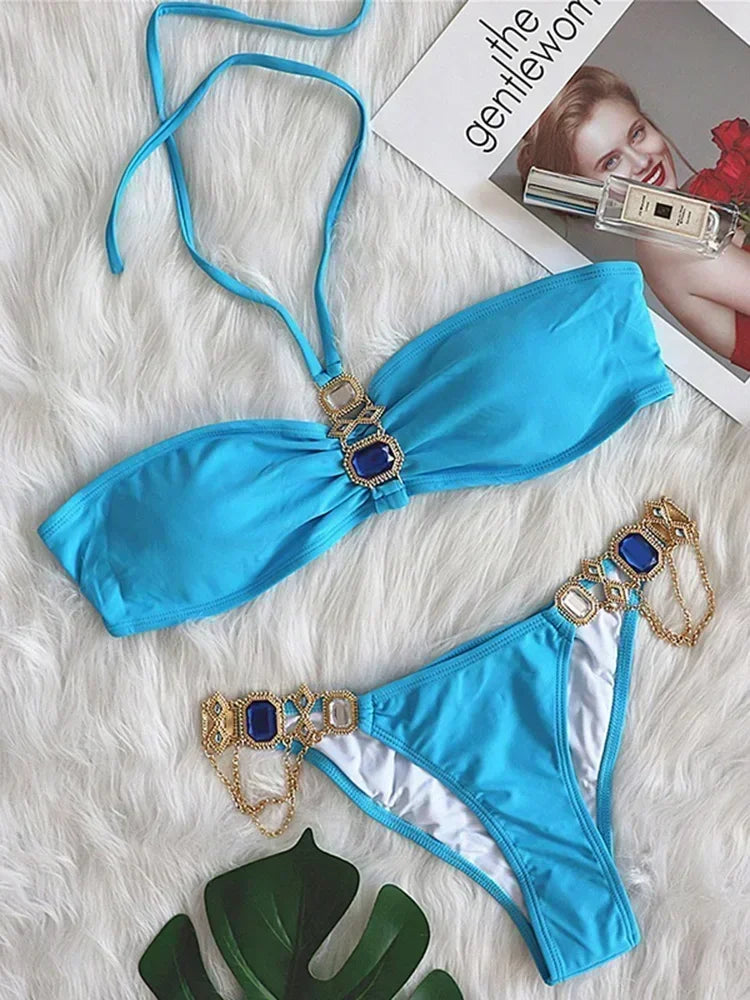 2025 Rhinestone Swimsuit Women Bikinis Crystal Diamond Bikini Set Metal Chain Swimwear female Luxury Aristocratic Swimming Suit